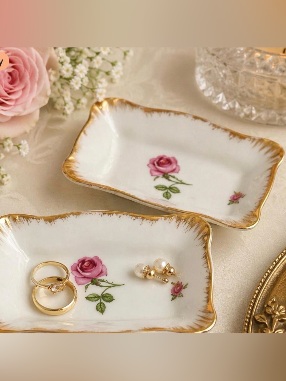 Elegant Vintage Floral Porcelain  Hand Painted Japan  Trinket Dishes